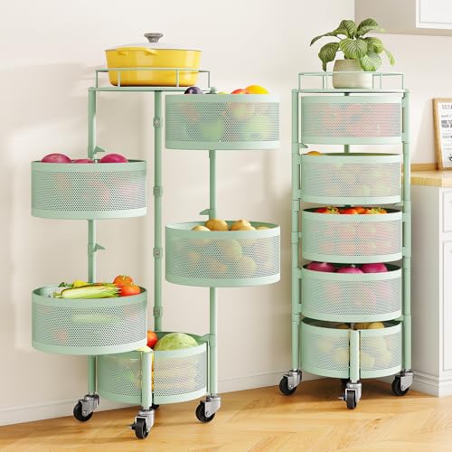 SNTD Fruit and Vegetable Basket Bowls for Kitchen with Metal Top Lid, 5 Tier Rotating Storage Rack Cart for Potato Onion Bread Banana, Wire Basket Organizer on Wheels, Large (Green) - color: Green
