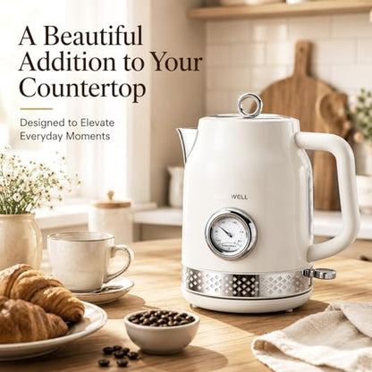 Retro Electric Kettle, 1.7L 304 Stainless Steel Tea Kettle with Temperature Gauge, 1500W Fast Boiling Water Boiler,Auto Shut-Off & Boil-Dry Protection, BPA-Free (Off-white) - color: Off-white