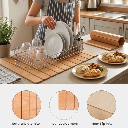 Large Stone Drying Mat 24"x16" – Diatomaceous Earth Stone Dish Drying Mat – Foldable, Ultra-Absorbent & Quick-Drying Countertop Protector for Cups, Plates, Utensils & Cookware - Wood Grain Textured - color: Wood Grain