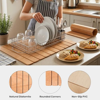 Large Stone Drying Mat 24"x16" – Diatomaceous Earth Stone Dish Drying Mat – Foldable, Ultra-Absorbent & Quick-Drying Countertop Protector for Cups, Plates, Utensils & Cookware - Wood Grain Textured - color: Wood Grain