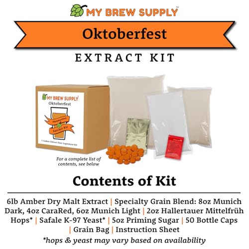 My Brew Supply Oktoberfest Beer Extract Kit | Amber Dry Malt Extract | Munich Light, Munich Dark, & CaraRed Grain | Hallertau Hops | German Ale Yeast | Priming Sugar | Bottle Caps | 5 Gallon Yield