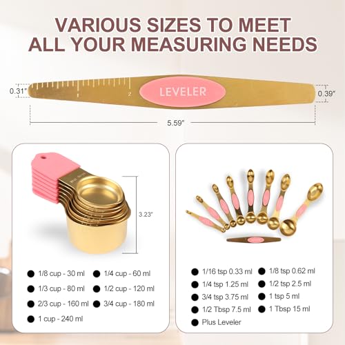 16-Piece Stainless Steel Measuring Cups and Spoons Set, Strong Magnetic Nesting Design 7 Cups 8 Spoons with Leveler, Double Measurement Markings for Dry & Liquid Ingredients, Pink & Gold - color: 16-Piece Pink & Gold
