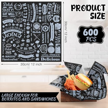 Outus 600 Pcs 12 x 12 Inch Deli Wax Paper Sheets Grease Resistant Tray Basket Liners Newsprint Paper Water and Grease Proof Sandwich Wrapping Square Hot Dog Wrappers for Food Baking (Black) - color: Black