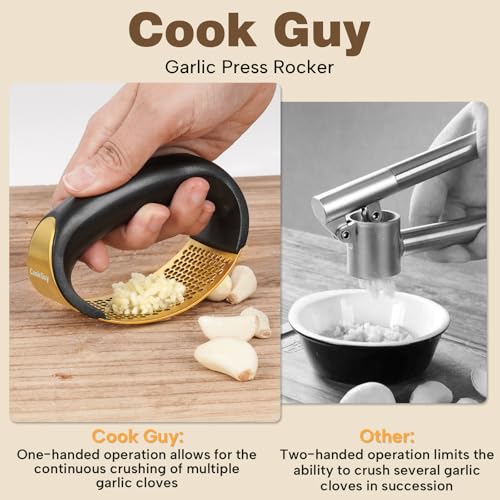 Cook Guy 304 Stainless Steel Garlic Press Rocker Set - Premium Garlic Mincer, Crusher, Peeler, and Scraper Tool for Effortless Mincing - Comfortable Grip Garlic Grinder (Gold) - color: Gold