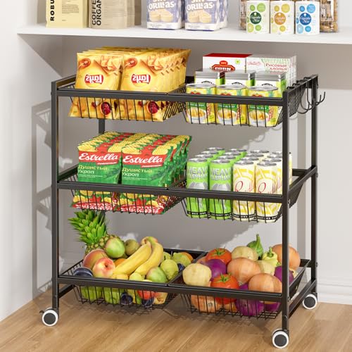 3-Tier Rolling Pantry Floor Organizer Cart with 6 Detachable Baskets, Metal Wire Fruit Basket Stand with Wheels, Kitchen Storage Cart for Fruit Vegetables, Snack Cart for Pantry Kitchen Living Room - size: 3-tier 6 baskets