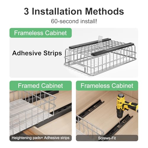 Pull out Cabinet Organizer, Stainless Steel 2-Pack Slide out Drawer with Silent Full-Extension Slides, Adhesive Roll out Can Spice Storage Basket Shelf Rack for Pantry, Kitchen, Bathroom, Home Closet - size: (11.8"W x 16.5"D x 4.7"H)