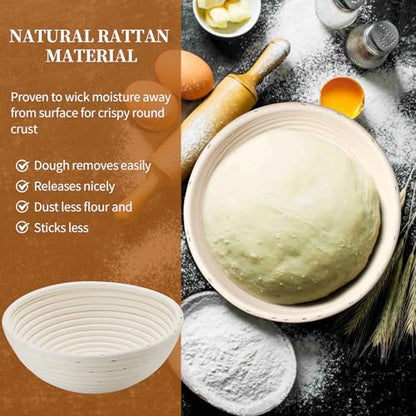 Dimpola Banneton Bread Proofing Basket Banneton Basket Set Sourdough Proofing Basket Round Proofing Bowls Handmade Rattan Baskets and Liners (Round 9 inch Baking Set) - style: Round 9 inch Baking Set