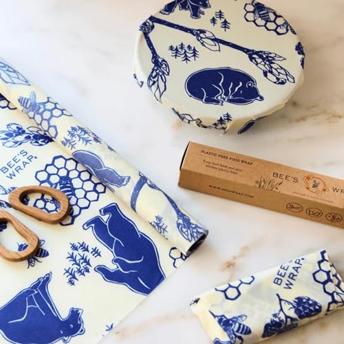 Bee's Wrap Beeswax Wraps for Food - Cut to Size 14x52" Beeswax Wrap Roll - Plastic Free Made in USA Reusable Natural Food Wrap - Bees & Bears - style: Bees + Bears