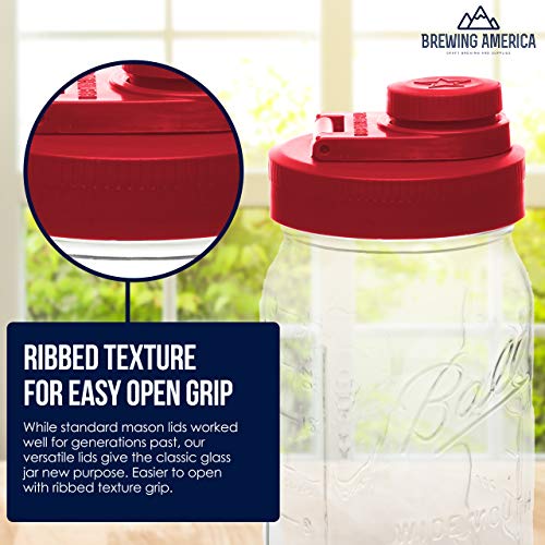Brewing America Fermentation Kit Lids for Wide Mouth Mason Jars (Jars Not Included) Red Fermenting Lid with Bung and 3-piece Airlock - color: Old Glory Red