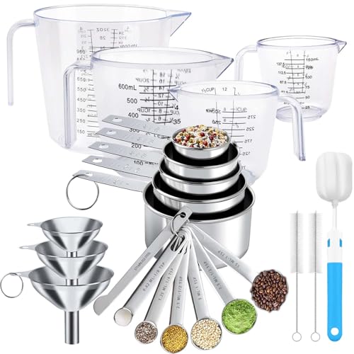Measuring Cups and Spoons Set 22 Piece, 11 Stainless Steel Nesting Measuring Spoons and Cups with 4 Plastic Measuring Cup, 3 Funnel, 3 Brush, 1 Ruler, Measuring Cup Set for Kitchen Baking Liquid Dry - color: 22 Piece
