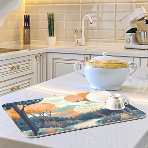 Trees Flower Path Turquoise Dish Drying Mat for Kitchen Counter Super Absorbent Draining Mat with Non-slip Backed Waterproof Sink Mats for Dish Bottles Cups Bowl Sinks Countertops Draining Racks