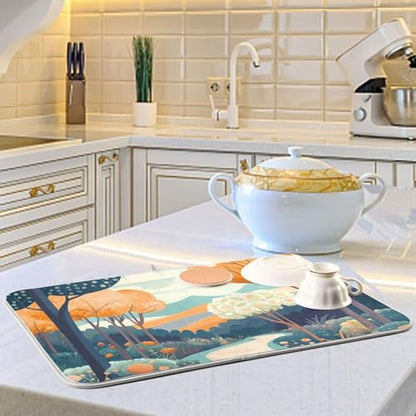 Trees Flower Path Turquoise Dish Drying Mat for Kitchen Counter Super Absorbent Draining Mat with Non-slip Backed Waterproof Sink Mats for Dish Bottles Cups Bowl Sinks Countertops Draining Racks