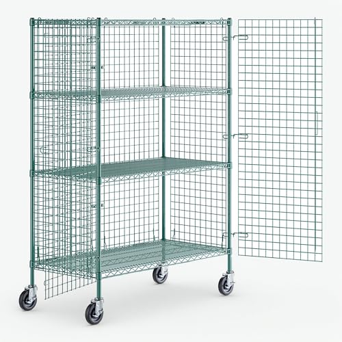 24" x 48" x 70" NSF Heavy Duty Mobile Green Epoxy Wire Shelves with Security Cage Kit, 4 Tier Metal Commercial Storage Rack with Wheels - color: Green, size: 24" x 48" x 70" with Wheels
