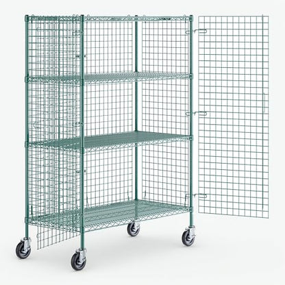 24" x 48" x 70" NSF Heavy Duty Mobile Green Epoxy Wire Shelves with Security Cage Kit, 4 Tier Metal Commercial Storage Rack with Wheels - color: Green, size: 24" x 48" x 70" with Wheels