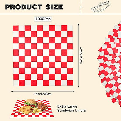 Colarr Waxed Paper Sheets Bulk 15 x 15 Inch Large Sandwich Wrapping Papers Checkered Deli Food Basket Liners for Burgers Bread Restaurant Barbecue Picnic(Red,2000 Pcs) - color: Red