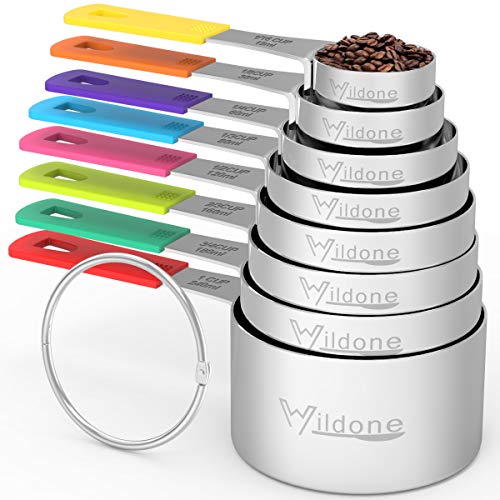 Wildone Stainless Steel 8-Piece Measuring Cups Set with Silicone Handle | Kitchen Gadgets for Cooking & Baking, Dishwasher Safe - color: Multicolor, size: Set of 8