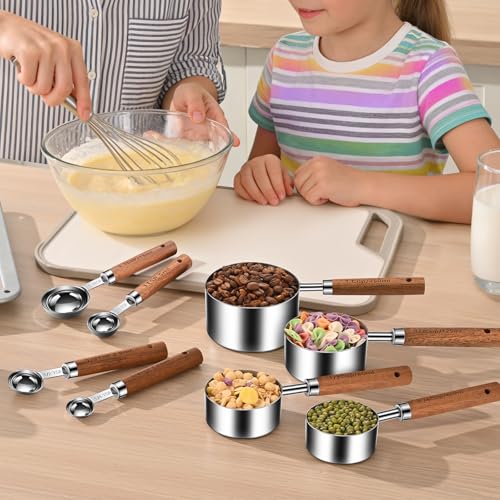 Wooden Handle Measuring Cups & Spoons Set 8-Piece – Stainless Steel, Stackable, Rustic Farmhouse Kitchen Gadgets, Non-Toxic, Dishwasher Safe, Gift for Bakers & New Homeowners. - size: Silver-wood handle