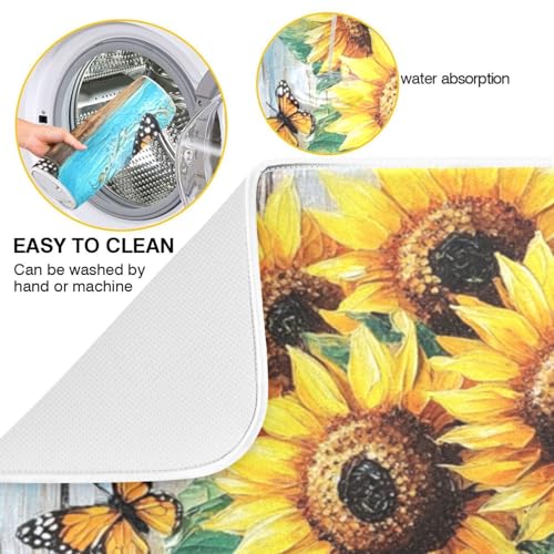 Monarch Sunflowers Jar Dish Drying Mat for Kitchen Counter Super Absorbent Draining Mat with Non-slip Backed Coffee Mat for Dish Bottles Cups Bowl Countertops Sinks Draining Racks