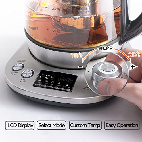 Mecity Electric Tea Kettle with Removable Infuser, 9 Preset Brewing Programs, Temperature Control, 2 Hours Keep Warm, Borosilicate Glass, 1.7 Liter, 1200W - size: 1.8 Quarts | HB-K002C