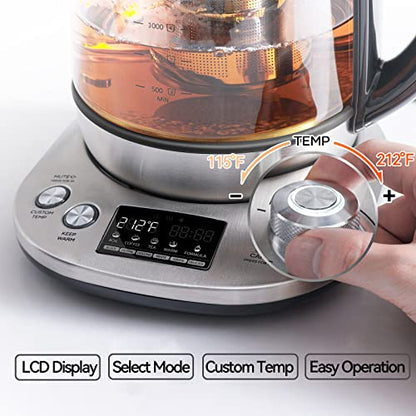 Mecity Electric Tea Kettle with Removable Infuser, 9 Preset Brewing Programs, Temperature Control, 2 Hours Keep Warm, Borosilicate Glass, 1.7 Liter, 1200W - size: 1.8 Quarts | HB-K002C