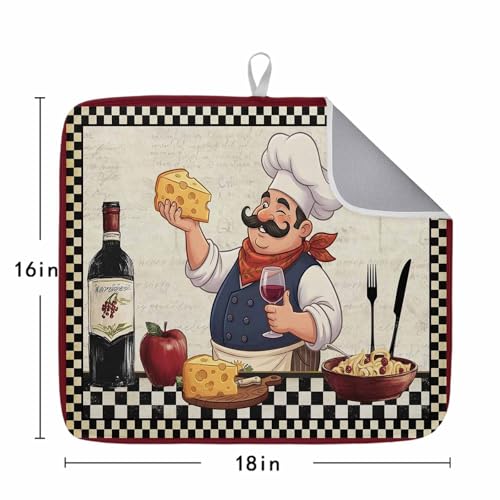 Dish Drying Mat for Kitchen Counter, Chef with Cheese Absorbent Dish Mats Foldable Microfiber Drainer Pad 1PCS 18"x16", Wine Bottle Black Plaid Frame Plate Holder Mat for Countertop Sink Decor - size: 1PCS-16x18in