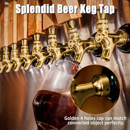Golden Beer Faucet Keg Tap Faucet, All 304 Stainless Steel Draft Beer Tap Kegerator Tap with 4 Holes Cap, Beer Dispenser Kegerator Parts for American Beer Shank and Beer Tap Tower