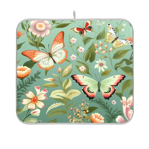 Sage Green Butterfly Flowers Dish Drying Mat for Kitchen Counter Microfiber Absorbent Drainer Draining Rack Mats Small Cloth Kitchen Drying Pad Heat Resistant for Countertop 16x18 - color: Sage Green Butterfly Flowers, size: 16x18in