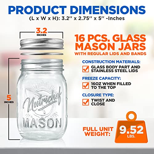 NutriChef 16 Pack Mason Jars 16 oz with Lids, Wide Mouth Airtight Seal, Freeze Safe Durable Glass, Silver Screw Lids for Meal Prep, Jam, Honey and Wedding Gifts, Leakproof & Dishwasher Safe Glass Jars - style: 16 Pack