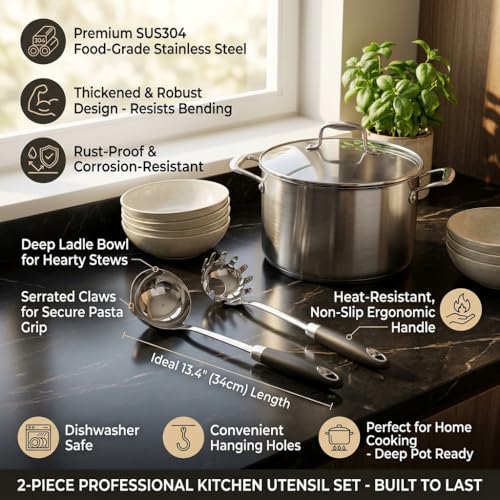 18/10 Stainless Steel Soup Ladle and Pasta Server Set, 2-Piece | Premium 18/10 stainless steel soup ladle and pasta server with ergonomic heat-resistant handles for everyday cooking. - color: Black