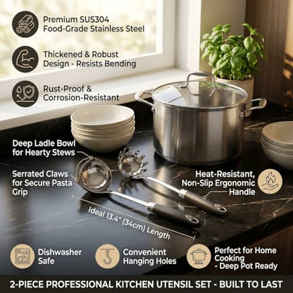 18/10 Stainless Steel Soup Ladle and Pasta Server Set, 2-Piece | Premium 18/10 stainless steel soup ladle and pasta server with ergonomic heat-resistant handles for everyday cooking. - color: Black