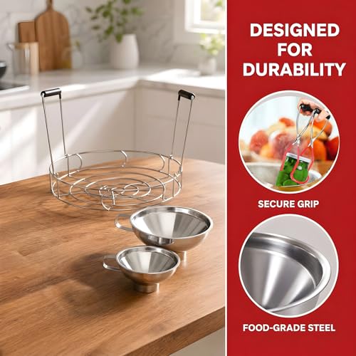 Cedilis 4 Pieces Canning Kit, 1PC Canning Rack+ 1PC Jar Lifter Tong+ 2PC Funnels, Stainless Steel Canning Supplies for Mason Jars