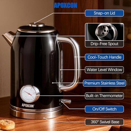 APOXCON Retro Electric Kettle with Thermometer, 1.8L Stainless Steel, Black, Cordless, 1000W Fast Boiling, Automatic Shut Off - color: Black