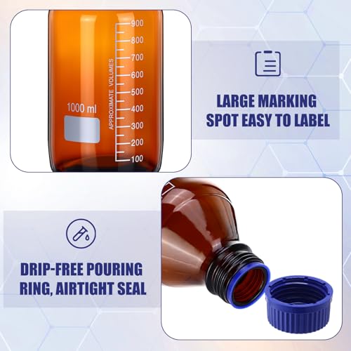 Tellegloww 6 Pieces 1000 ml Reagent Media Bottles Amber Glass Graduated Round Lab Reagent Media Storage Bottle with Blue Screw Cap - size: 1000ml