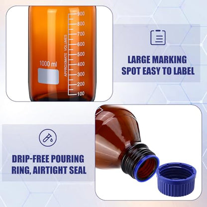 Tellegloww 6 Pieces 1000 ml Reagent Media Bottles Amber Glass Graduated Round Lab Reagent Media Storage Bottle with Blue Screw Cap - size: 1000ml