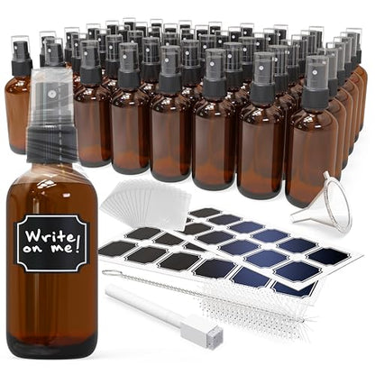 Nevlers 4 Oz Amber Glass Spray Bottles for Cleaning & Refreshment 48 Pack | Amber Glass Bottles | Mist Bottle Sprayer w/ Shrink Wrap, Funnel, Brush, Marker & Labels | Small Spray Bottle for Hair & Face