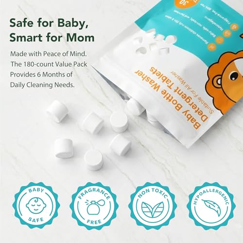 180PCS Bottle Washer Tablets, Plant-Based Detergent Tablets Compatible with Baby Brezza, Momcozy, Grownsy, Papablic and All Baby Bottle Washers, Removes Milk Residue & Odor from Bottles & Pump Parts