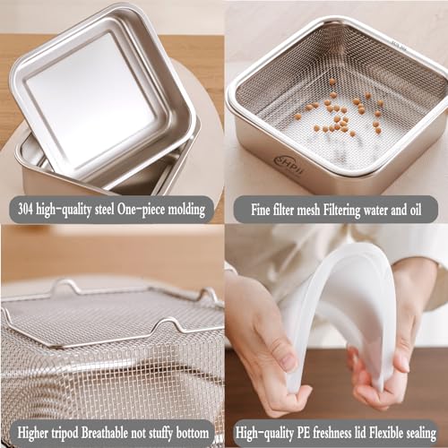 Square Colander Set, 304 Stainless Steel with PE Lid, Storage Container, Tofu Drainer, Back of House Preparation, Washing and Drainage Tools, Refrigerator Storage, Picnic Party (2000ML) - color: Square-2000ml