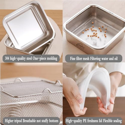 Square Colander Set, 304 Stainless Steel with PE Lid, Storage Container, Tofu Drainer, Back of House Preparation, Washing and Drainage Tools, Refrigerator Storage, Picnic Party (2000ML) - color: Square-2000ml
