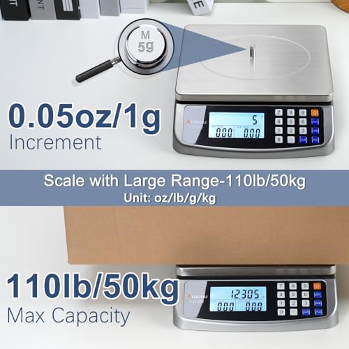 Atogou 110lb Food Scale, Commercial Kitchen Scale with Price Computing, Plug-in Usable, 0.05oz/1g, 304 Stainless Steel, for Cooking, Vegetables, Farm, Industry, Counting. LC300 Grey - style: Grey 110lb/50kg