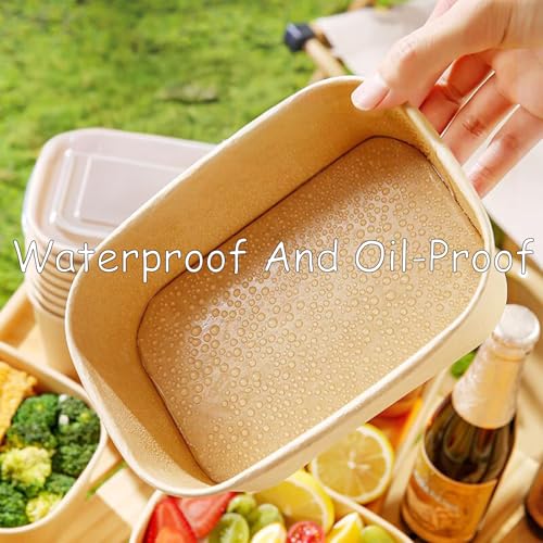 50 Pack Kraft Paper Food Container, 25 OZ Disposable Salad Bowls with Lids, Oil-Proof Rectangular Soup Bowls for Meal Prep Snack Takeout, Microwave Freezer Safe