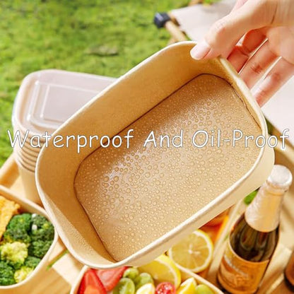 50 Pack Kraft Paper Food Container, 25 OZ Disposable Salad Bowls with Lids, Oil-Proof Rectangular Soup Bowls for Meal Prep Snack Takeout, Microwave Freezer Safe