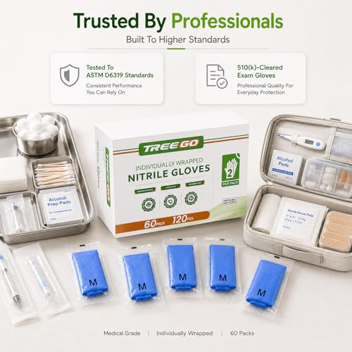 TREEGO Individually Wrapped Nitrile Gloves Bundle, Medium, 110 Pairs Total (50 Black + 60 Blue), Disposable 5 Mil Latex Free Powder Free Gloves for Food Prep, Cleaning