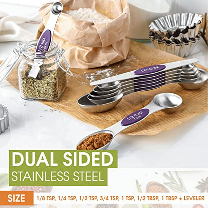 Spring Chef Purple Stainless Steel Magnetic Measuring Spoons Set of 8 with Leveler, Dual Sided Metal Teaspoon & Tablespoon Measuring Spoons, Kitchen Gadgets for Baking & Cooking, Fits in Spice Jars - color: Purple, size: 1-Pack