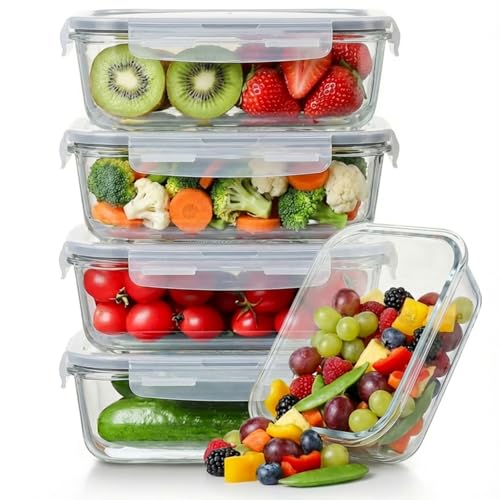 5 Pack 36oz Borosilicate Glass Food Storage Containers Set with Lids, Freezer Meal Prep Containers, Airtight Bento Lunch Container Set, Oven, Freezer and Dishwasher Safe, BPA Free, Kitchen Storage Set - color: transparent