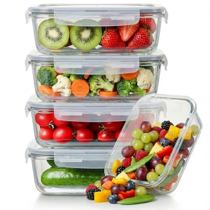 5 Pack 36oz Borosilicate Glass Food Storage Containers Set with Lids, Freezer Meal Prep Containers, Airtight Bento Lunch Container Set, Oven, Freezer and Dishwasher Safe, BPA Free, Kitchen Storage Set - color: transparent