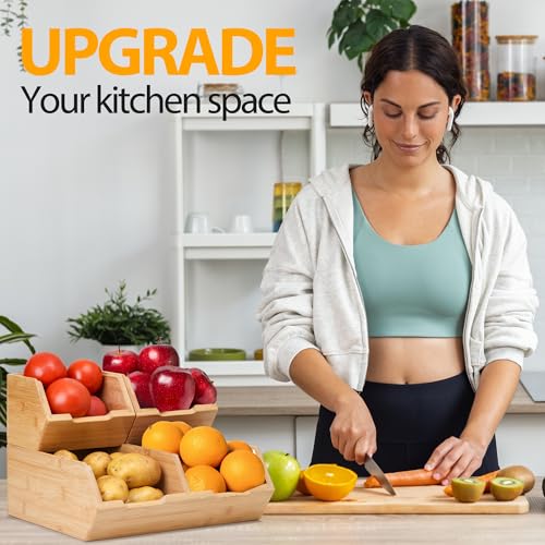 3 Pack Stackable Bamboo Pantry Storage Bins Fruit Food Storage Organizer | Bamboo Potato Onion Storage Bins - Pantry Organizers for Kitchen Countertop, Food Storage Containers for Fruits Vegetables