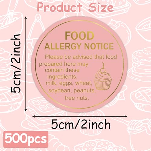 PANTIDE Food Allergy Notice Stickers - 500 Count Allergen Warning Label Gold Foil Adhesive Round Decal Roll, Food Alert Safety for Restaurant Home Kitchen Bakery Cake Shop (2 x 2 Inch, Pink) - color: Food Allergy Pink