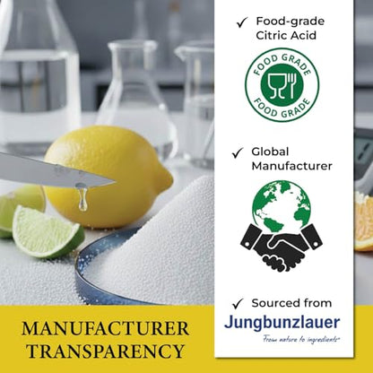 Citric Acid USP Anhydrous Fine Granular Jungbunzlauer Food and Cosmetic Grade pH Control Preservative Crystal Powder for Baking Cleaning DIY Formulations and Household Applications - 44 Pounds