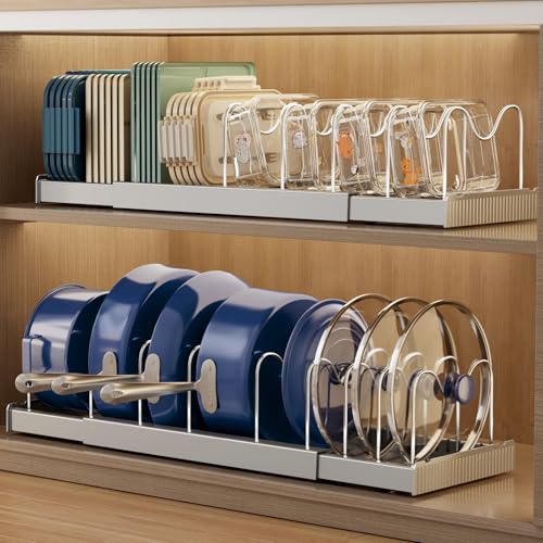 Magheo 2 Pack Expandable Food Storage Container Lid Organizers, 22" Pots and Pans Organizer Under Cabinet with 9 Adjustable Dividers Pot and Pan Lid Holders Rack Inside Cabinet(Gray) - color: Gray, size: (2 Pack)22.4"D x 7.9"W x 6.3"H