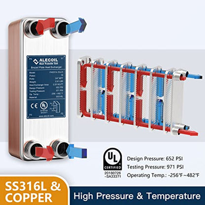 ALECOIL 3"x8" 16 Plates Heat Exchanger with 3/4" MPT Port Water to Water 316L Stainless Steel Brazed Plate Heat Exchanger for Water Heating, Floor Heating, Commercial and Industrial Refrigeration - size: 3"X8"-16P